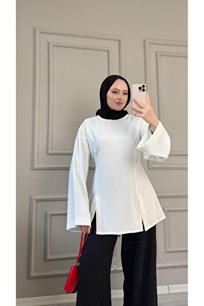 onlymoon Beyaz Kadın Modal Kumaş Çift Yırtmaç Detaylı Arkadan Bağlamalı Tunik...