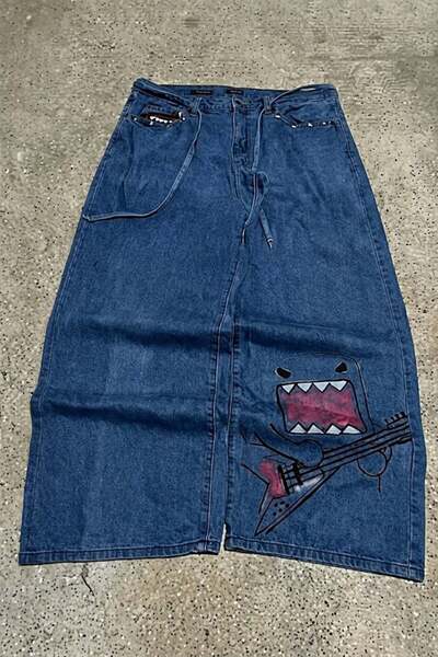 Karakedi Domo-Kun Y2K Unisex Παντελόνι με Λεπτομέρεια στην Πίσω Τσέπη και Φαρ...