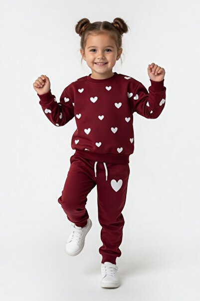 Generic Brand Heart Print Detailed Cotton Burgundy Girls' Set