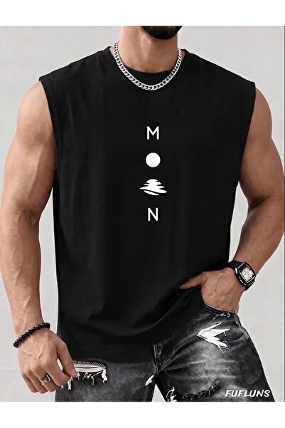 FUFLUNS Moon Printed Men's Regular Fit Crew Neck Sports Sleeveless T-Shirt
