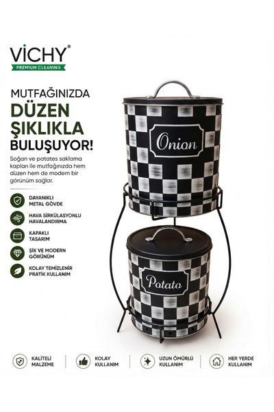 Modern Siyah Beyaz Damalı Metal 2'li Patates ve Soğan Saklama Kabı Standlı Set