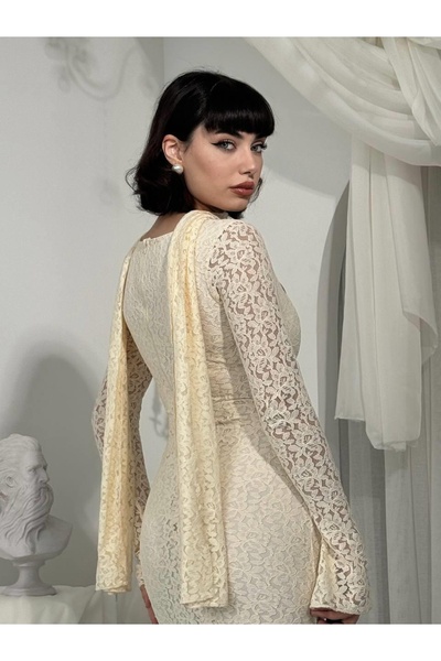 Moda Days Rochie de damă bej din dantelă, cu guler pătrat, mâneci lungi, roch...