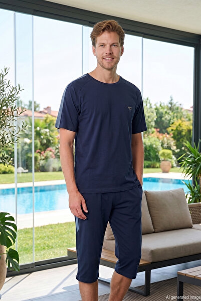 REMSA Men's Short Sleeve Capri Single Jersey Fabric Pajama Set 2378 Navy Blue01