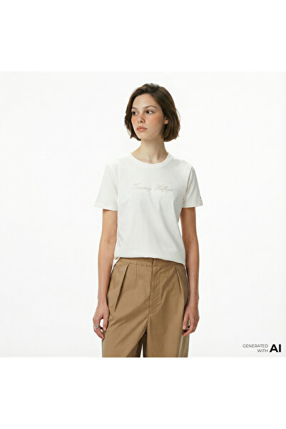 Tommy Hilfiger Lurex Script Regular Kadın Beyaz T-Shirt