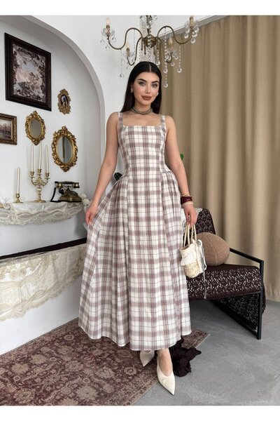 Clothes Fast فستان نسائي منقوش بلون إكرو، بياقة مربعة وحزام خصر، بطول متوسط و...