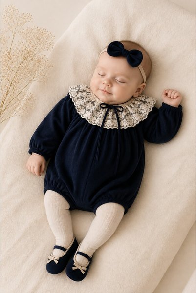 Arinpexa 4-Piece Velvet Lace Collar Detail Baby Girl Jumpsuit / Baby Girl Romper Set / Baby Girl Gift Set