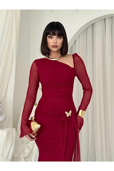 Clothes Fast Women's Burgundy Asymmetrical Collar Draped Brooch Detailed Tull...