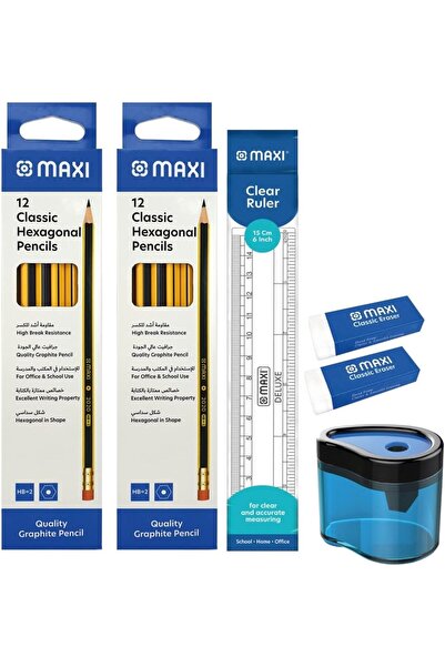 MAXİ Complete Stationery Set – 24 HB Pencils, Clear Ruler, Barrel Sharpener &...