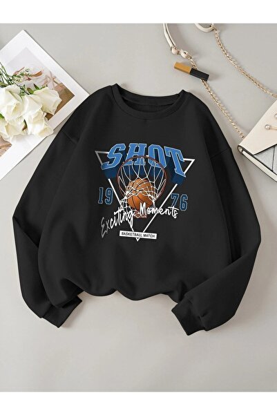 JENOLAN Shot Printed Crew Neck Unisex Oversize Sweatshirt