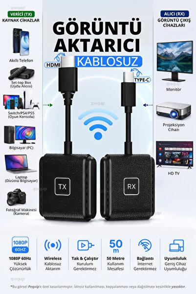 Pequip HDMI Transmitter and Receiver Verici ve Alıcı Wireless Kablosuz Görünt...