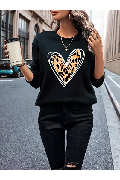 JENOLAN Women's Big Leopard Heart Printed Crew Neck Unisex Oversize Sweatshirt