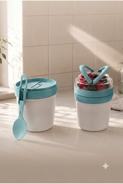 Sowo Home وعاء تخزين للزبادي والشوفان والموسلي، عملي ومحمول مع ملعقة، قسمين، ...