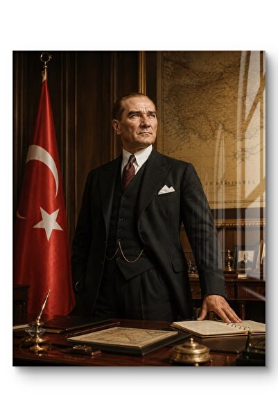 Genel Markalar Türk Bayrağı Önünde Ayakta Atatürk Cam Tablo