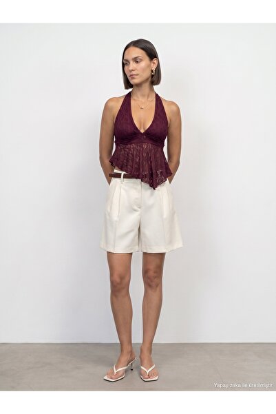 Dilvin 21228 Dantel Halter Yaka Top-Bordo