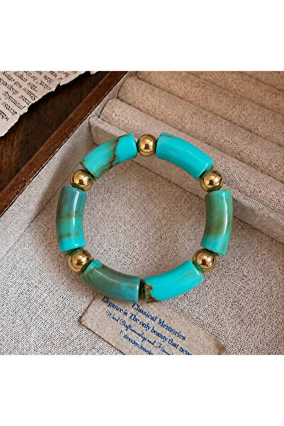 synshop Turquoise Bone Marble Patterned Gold Beaded Bohemian Vintage Thick El...