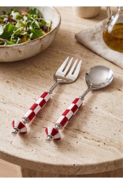 The Mia Gingham Salad Serving Set Red White 2 Pieces