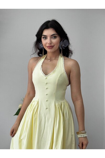Moda Days Women's Sari Halter Neck Button Detailed Backless Midi Poplin Dress