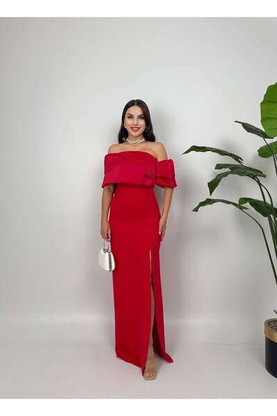 Moda Days Women's Red - Red Carmen Collar Off-Shoulder Slit Satin Maxi Evenin...