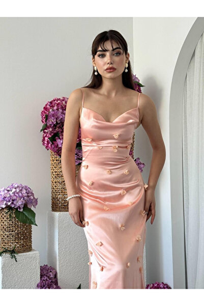 Moda Days Women's Pink Midi Dress with Straps, Degaje Collar, Floral Applique...