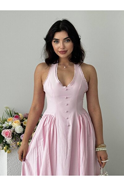 Moda Days Women's Pink Halter Neck Button Detailed Backless Midi Poplin Dress