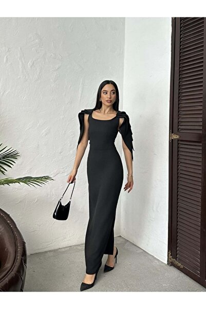 Moda Days Women's Black - Black Maxi Length Square Neck Bow Shoulder Detail S...