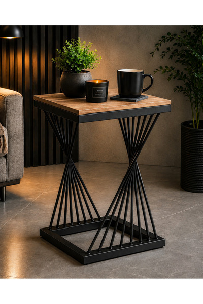 Canik Design Modern Metal Yan Sehpa – Ceviz Desenli Ahşap Üst Yüzeyli Dekorat...