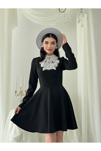 Clothes Fast Women's Black Mini Dress Lace Collar Pearl Buttoned Long Sleeve ...