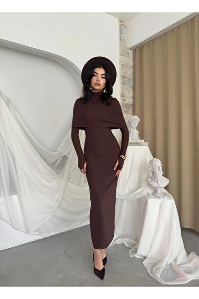 Clothes Fast Women's Coffee Midi Dress with Cape Detail, Turtleneck, Long Sle...