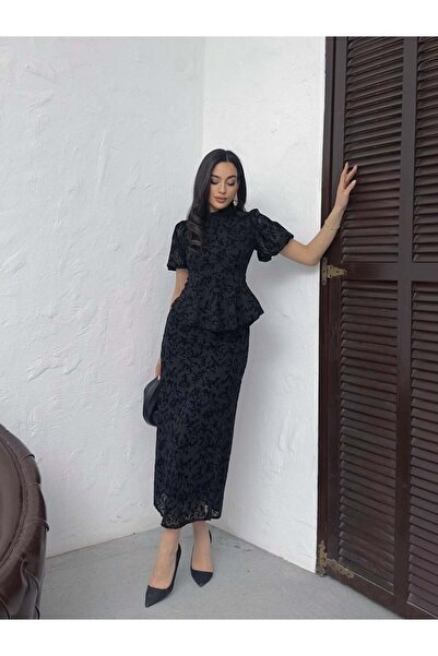 Clothes Fast Women's Black Midi Dress with High Neck, Balloon Sleeves, Ruffle...