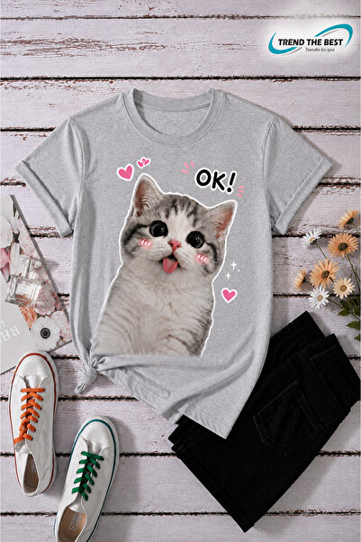 TREND THE BEST Trendin En İyisi Summer Ok! Written Cat and Small Hearts Print...