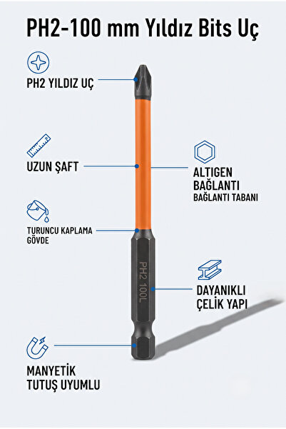 Genel Markalar PH2 100 mm Uzun Yıldız Bits Vidalama Ucu 1 Adet - Turuncu Kapl...