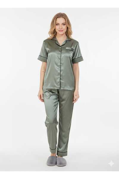RIZQE Sage Green Italian Satin Nightsuit | Grey-Green Silky Pajamas Set | Imp...