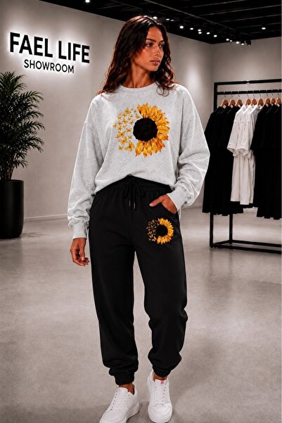FAEL LİFE Unisex Wide Cut Zero Neckline and Sweatpants Moonflower Printed Set