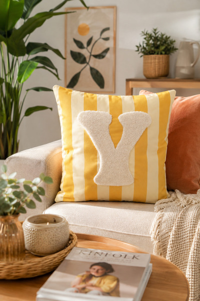 Pilloveland Punch Embroidered Throw Pillow Cover - 43*43 cm - Yellow Letter Y...