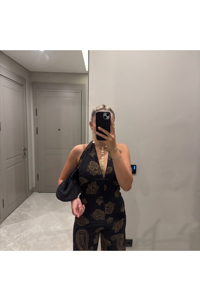 MODA Siyah Etnik Desenli Sırt Dekolteli Tulum