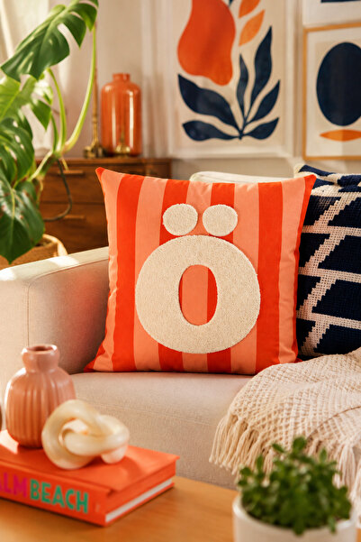 Pilloveland Punch Embroidered Throw Pillow Cover - 43*43 cm - Orange Letter O...