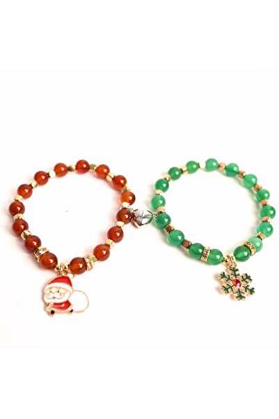 craftmystic Set bratari cuplu Agat rosu, verde cu accesoriu Mos Craciun si fu...