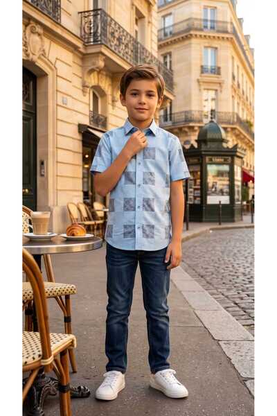 Louis Kids Checkered Trend Short Sleeve Children's Shirt