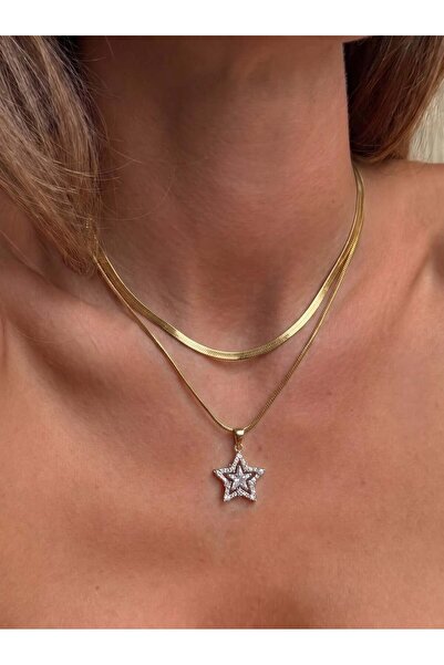 Eylülün Takısı Women's Gold Color Stone Star 2-Piece Steel Necklace