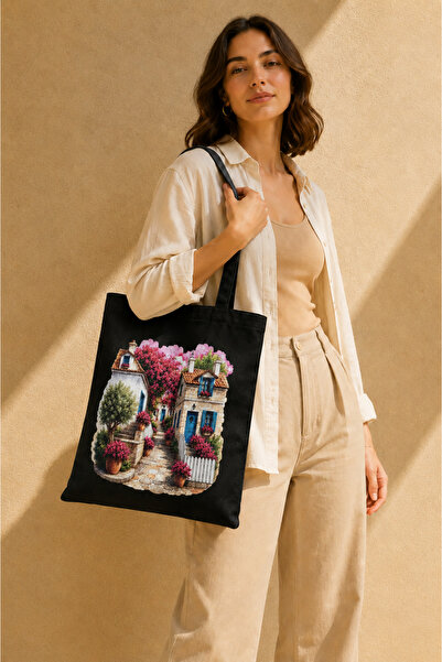 Alaçatı Evleri Baskılı Siyah Gabardin Bez Çanta 35x40 cm %100 Pamuk Uzun Saplı Omuz Çantası