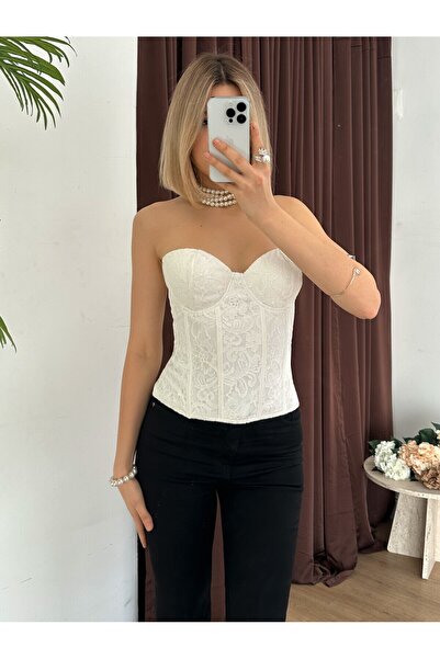 Clothes Fast Women's White Strapless Sweetheart Neck Lace Detailed Zippered C...