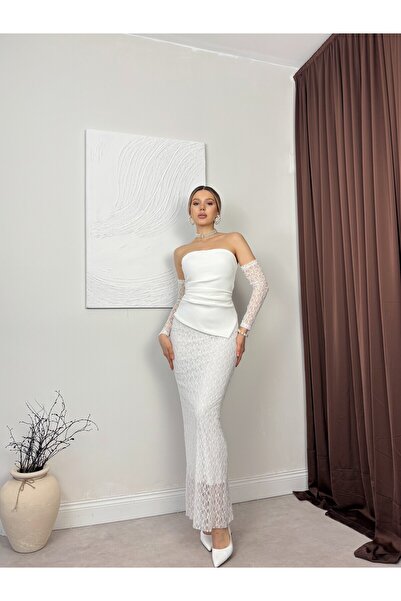 Clothes Fast Women's White Strapless Lace Sleeves Asymmetrical Cut Fish Form ...