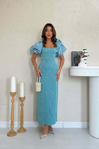 Clothes Fast Women's Mint Dress Midi Square Neck Balloon Sleeves Beaded Embro...