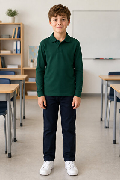 QKK Children's Unisex Dark Green Long Sleeve Polo Collar School T-Shirt 100% ...