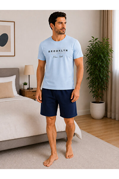 Mirano Pijamale de vară pentru bărbați cu imprimeu Brooklyn, tricou albastru ...