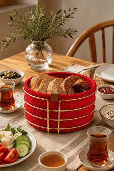 Edora Home Shiny Gold Round Bread Basket, Bread Presentation Basket, Red Macr...