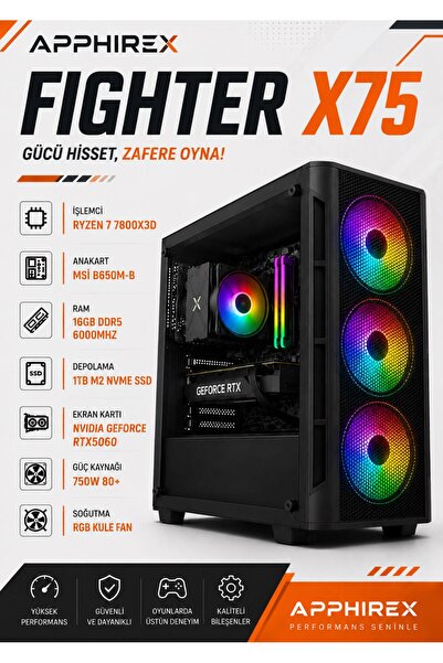 Apphirex FIGHTER X75 RYZEN 7 7800X3D 16GB DDR5 RAM 1TB M.2 SSD RTX5060 Masaüs...