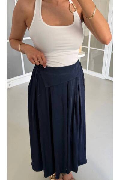 MAESTRO WOMAN Women's Navy Blue Button Detailed Pleated Flowy Skirt with Pockets