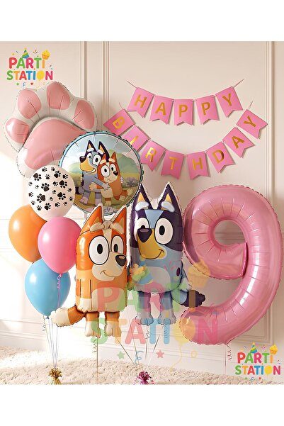 Parti Station Bluey and Chilli Themed 9-Year-Old Foil Balloon Set – 10 Pieces...