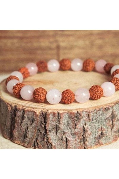 Moon of Noon Rudraksha & Rose Quartz Beaded Bracelet 8mm – Natural Pink Gemstone Stretch Bracelet for Men & Women – Elastic Yoga Spiritual Jewelry